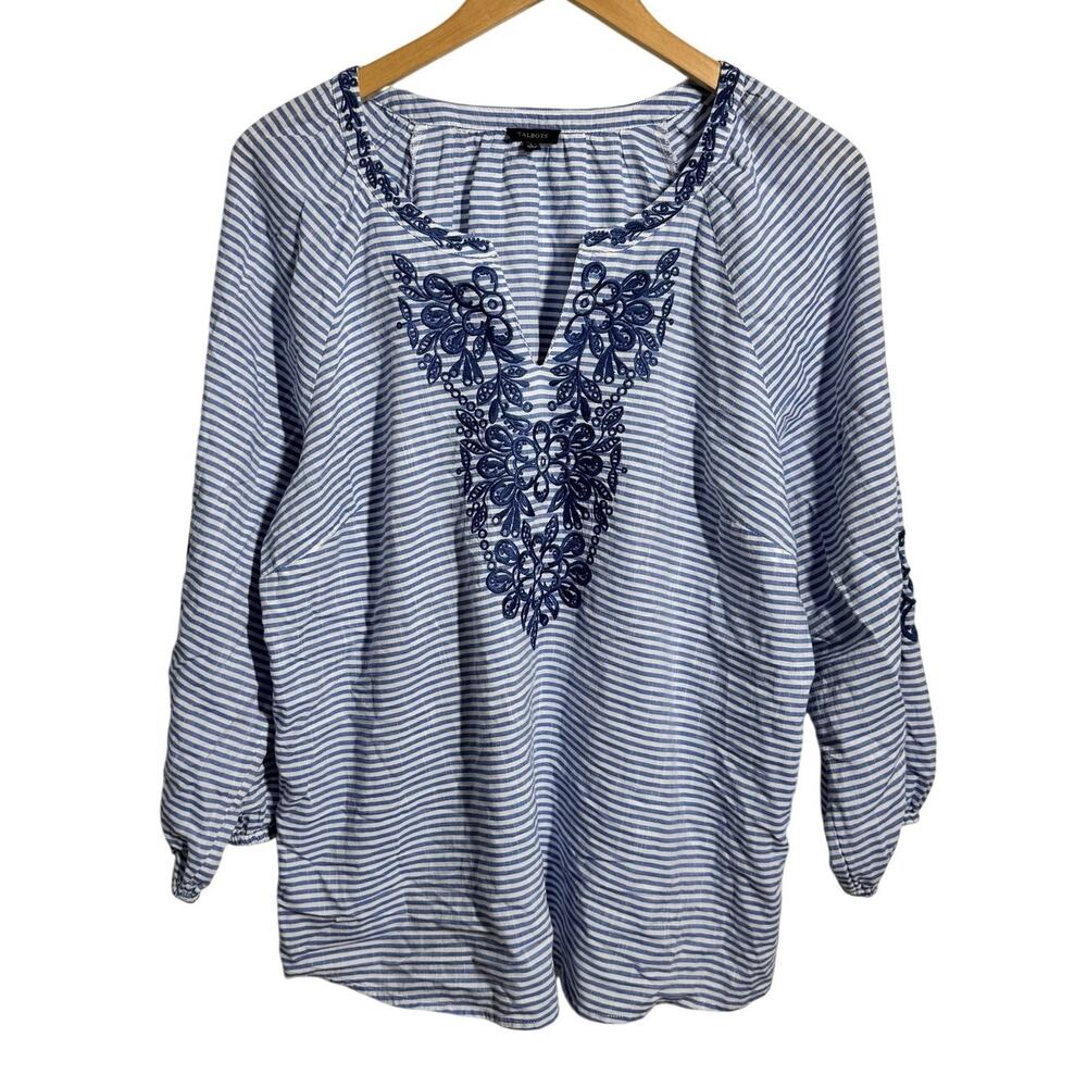 Talbots Top Women L‎ Blue Striped Embroidered Blouse Floral Casual Peasant Coast